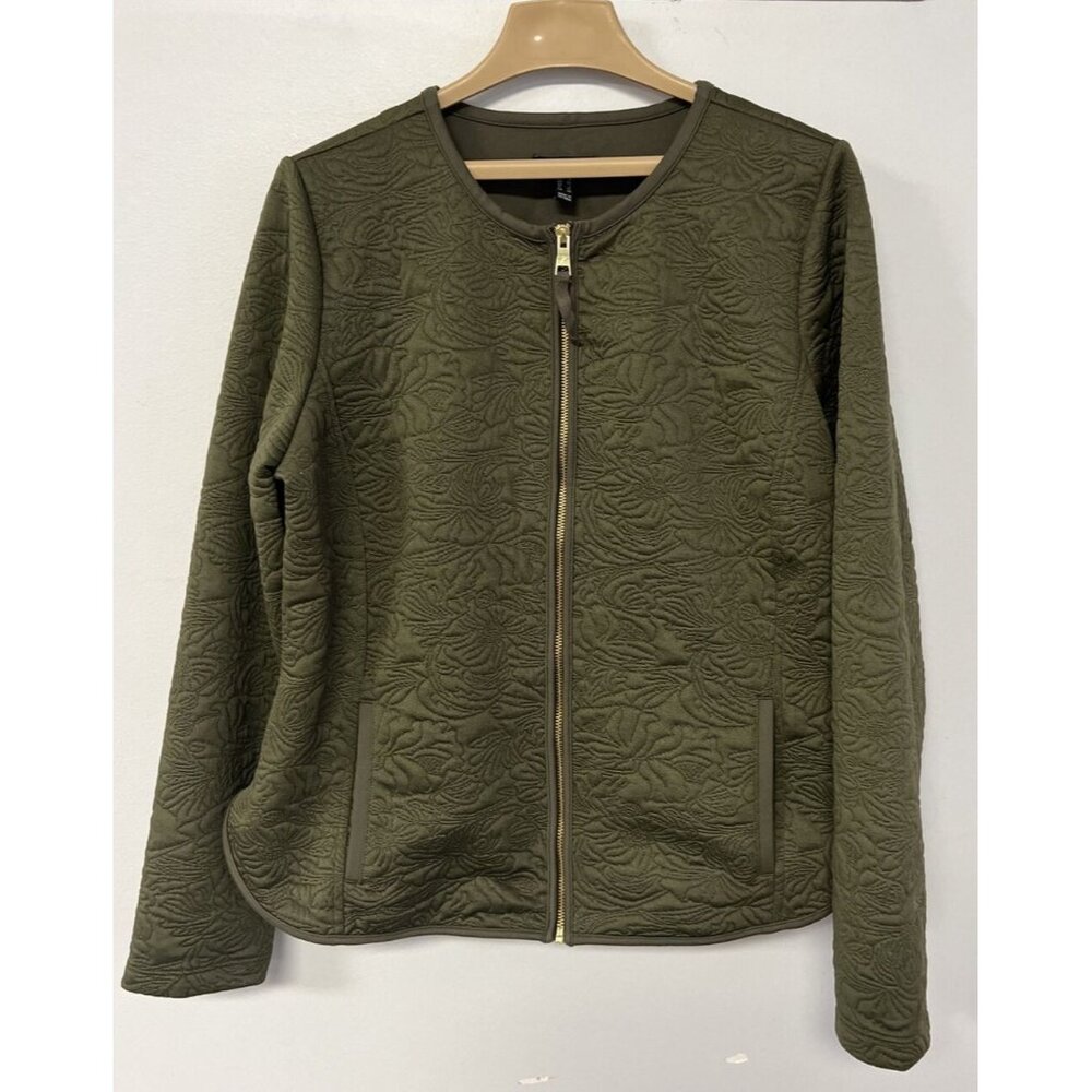 Isaac Mizrahi Live Olive Quilted Jacket Full Zip Pockets Large
